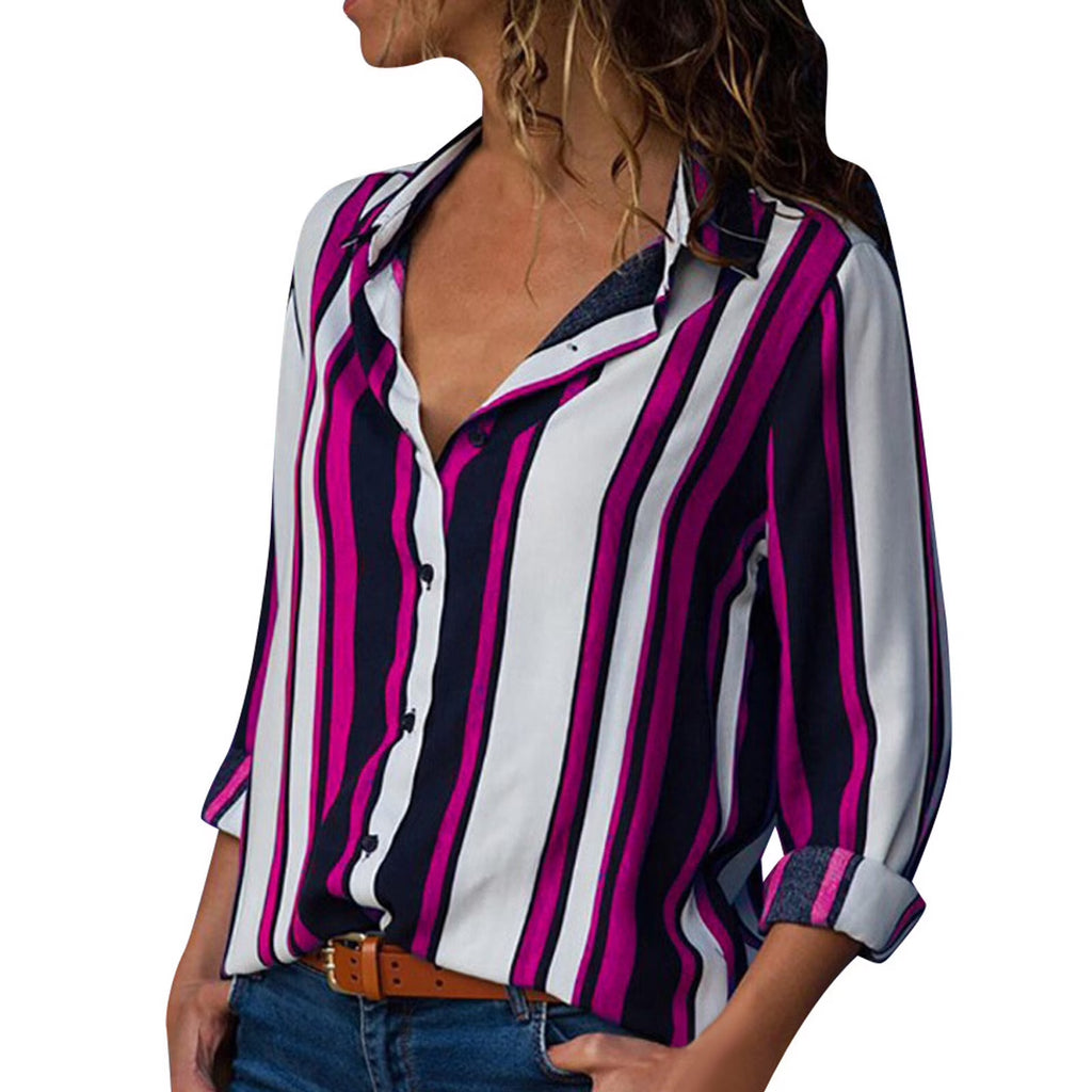 Women'S Long Sleeve Button down V Neck Striped Print Chiffon Shirt Top,Womens Tops Long Sleeve Shirts for Women Button up Stripes Casual Blouses
