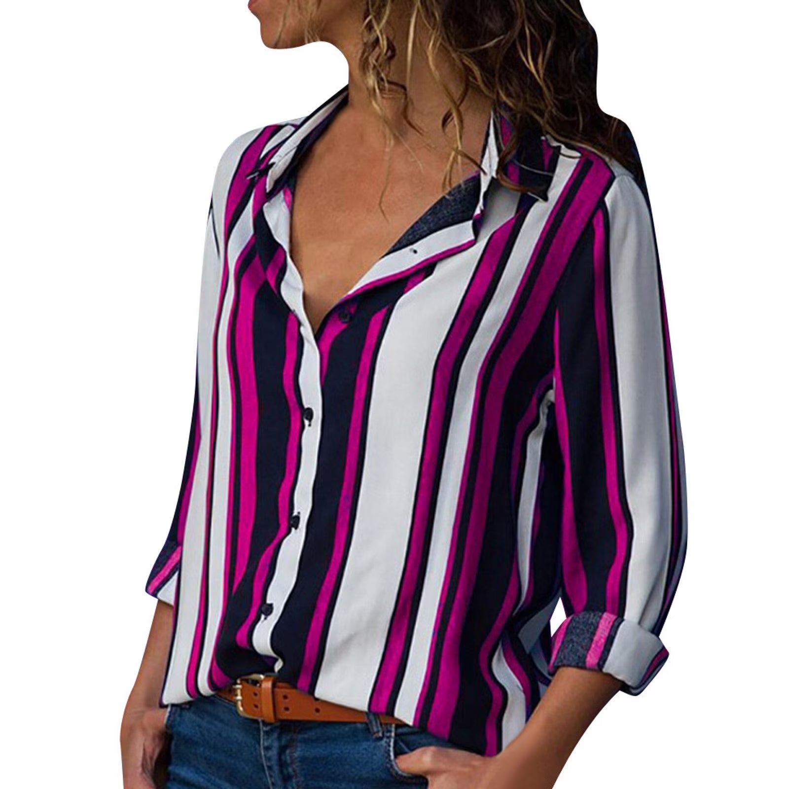 Women'S Long Sleeve Button down V Neck Striped Print Chiffon Shirt Top,Womens Tops Long Sleeve Shirts for Women Button up Stripes Casual Blouses