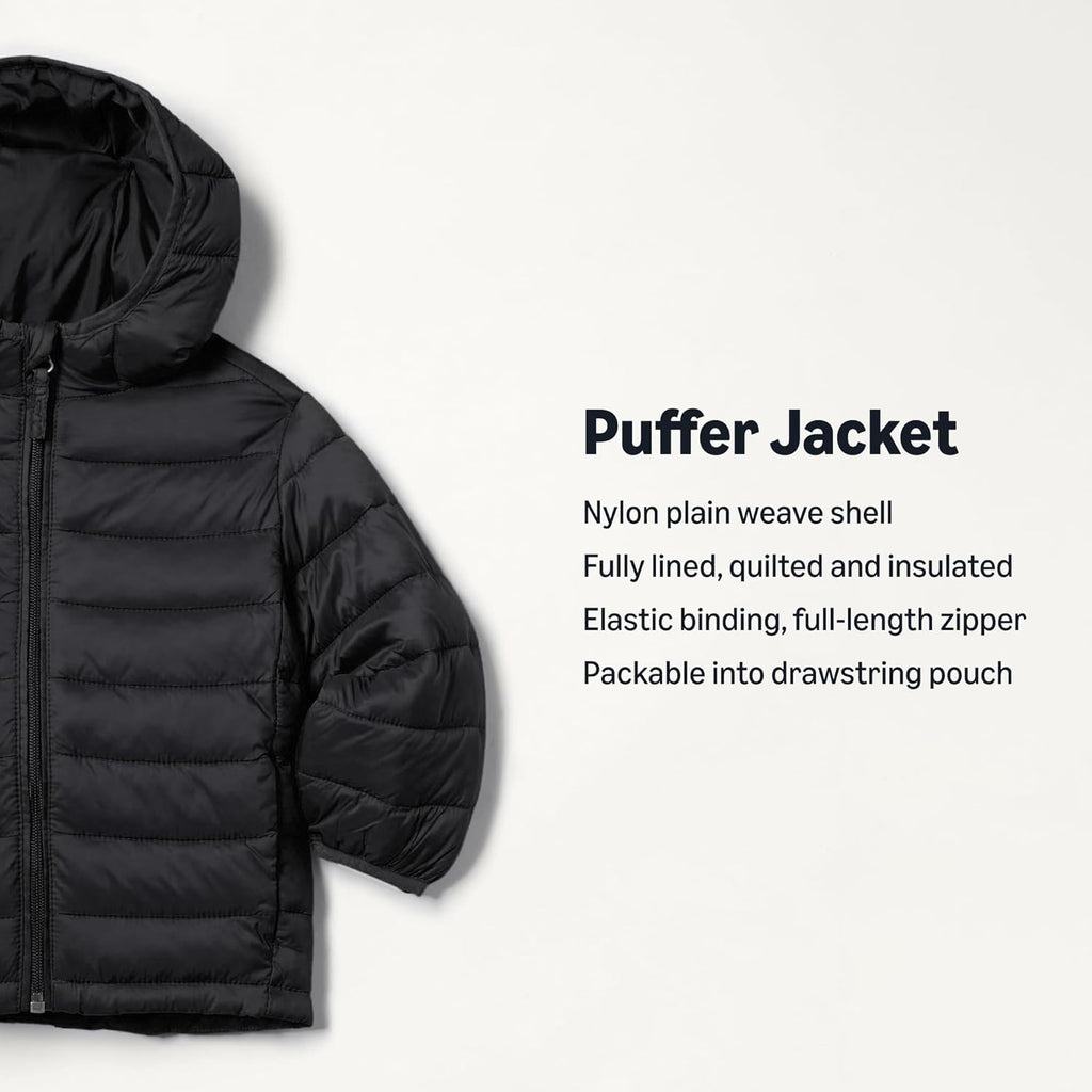 Boys and Toddlers' Lightweight Water-Resistant Packable Hooded Puffer Jacket, Insulated
