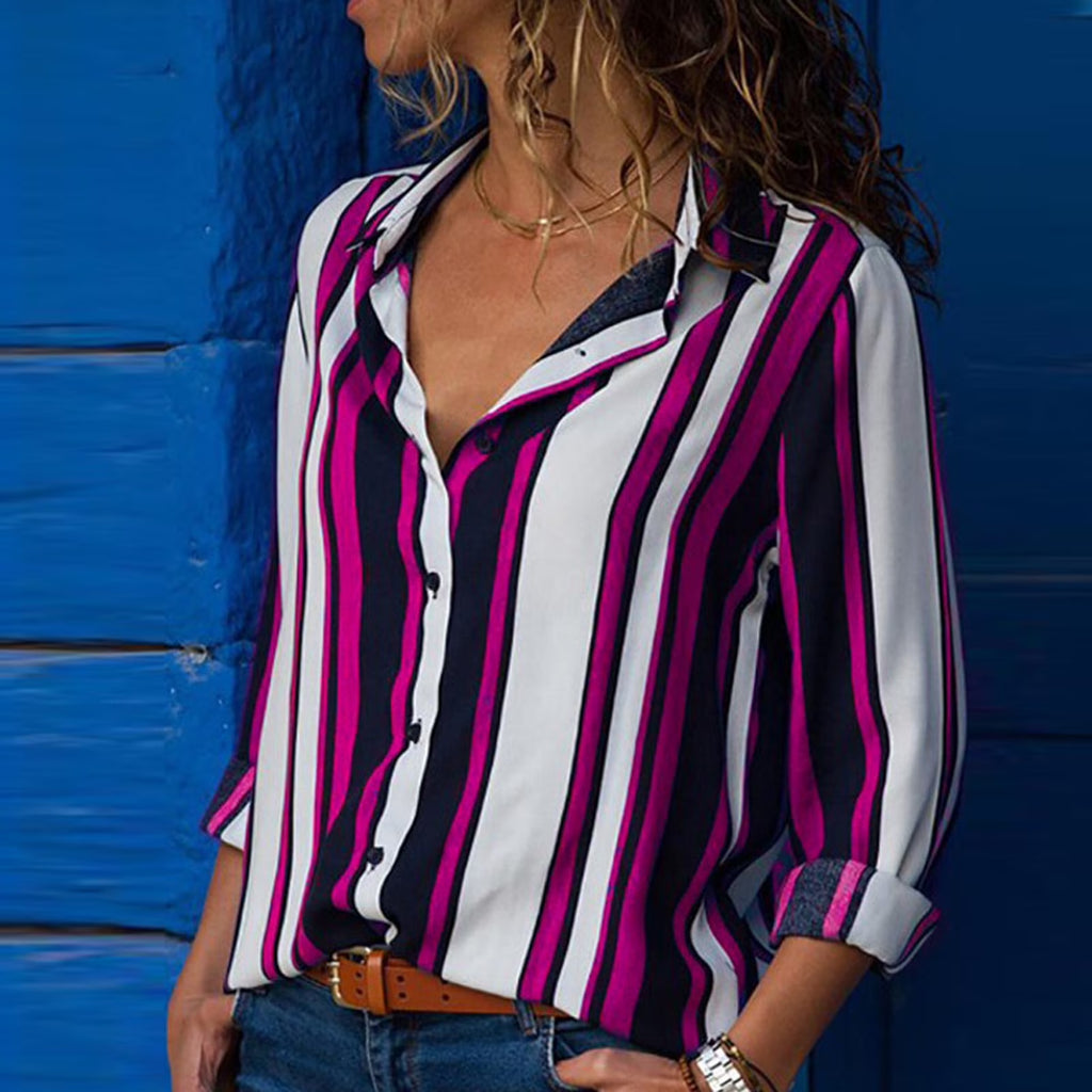 Women'S Long Sleeve Button down V Neck Striped Print Chiffon Shirt Top,Womens Tops Long Sleeve Shirts for Women Button up Stripes Casual Blouses
