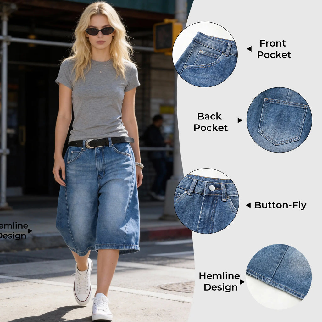 EMMIOL Jorts for Women Baggy Jeans Shorts Y2K Wide Leg Denim Shorts Grunge Streetwear Summer Vibes